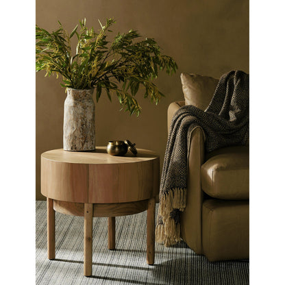 Atmore End Table by Four Hands in natural acacia. Made from thin acacia veneer, solid acacia in a modern style.