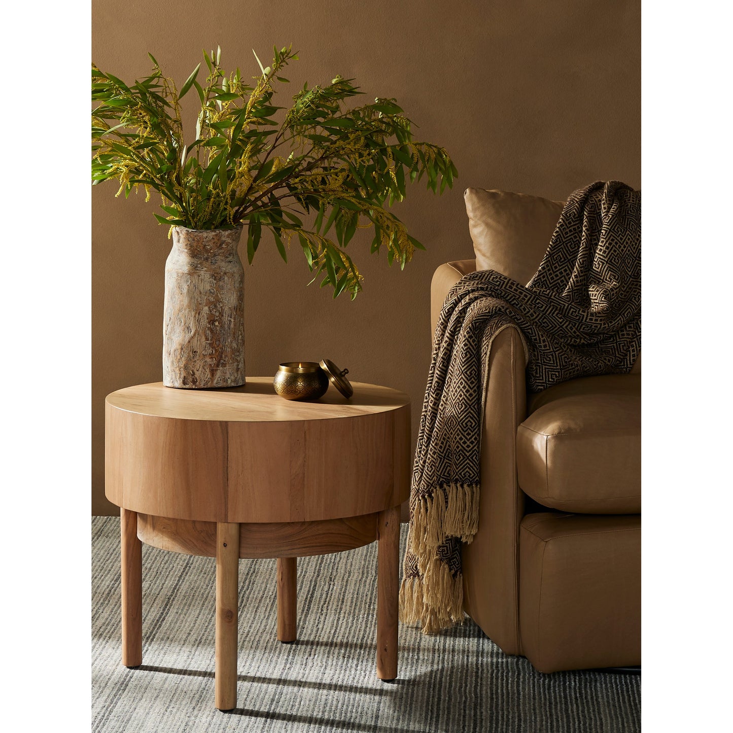 012 SI-1901745 | Lifestyle | Atmore End Table by Four Hands in natural acacia. Made from thin acacia veneer, solid acacia in a modern style.