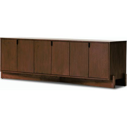 Castillo Media Console by Four Hands in chestnut parawood. Made from solid parawood, rubberwood veneer in a modern style.