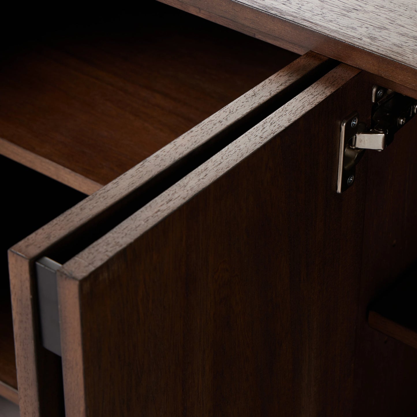 017 SI-2001080 | Closeup | Castillo Media Console by Four Hands in chestnut parawood. Made from solid parawood, rubberwood veneer in a modern style.
