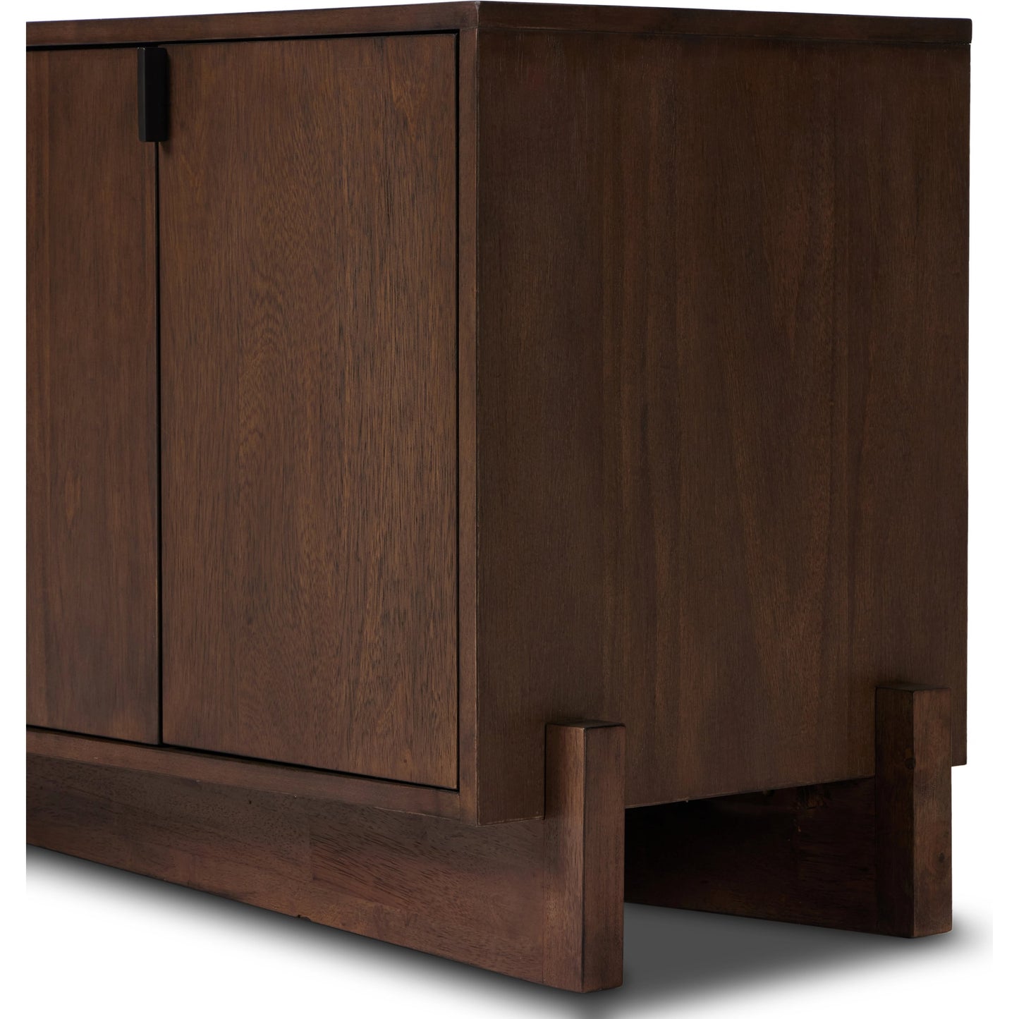010 SI-2001080 | Closeup | Castillo Media Console by Four Hands in chestnut parawood. Made from solid parawood, rubberwood veneer in a modern style.