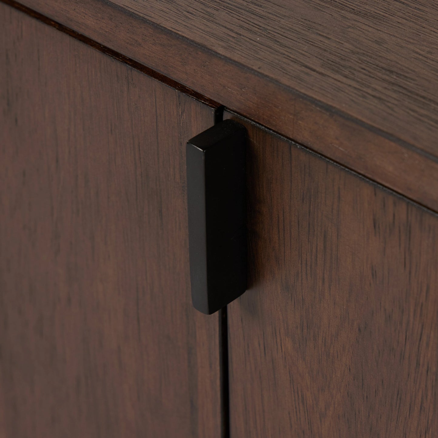011 SI-2001080 | Closeup | Castillo Media Console by Four Hands in chestnut parawood. Made from solid parawood, rubberwood veneer in a modern style.