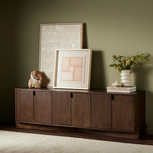 Castillo Media Console by Four Hands in chestnut parawood. Made from solid parawood, rubberwood veneer in a modern style.