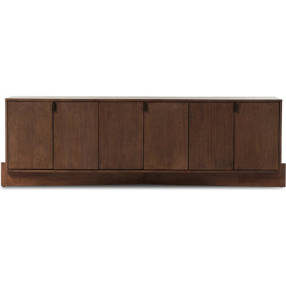 Castillo Media Console by Four Hands in chestnut parawood. Made from solid parawood, rubberwood veneer in a modern style.