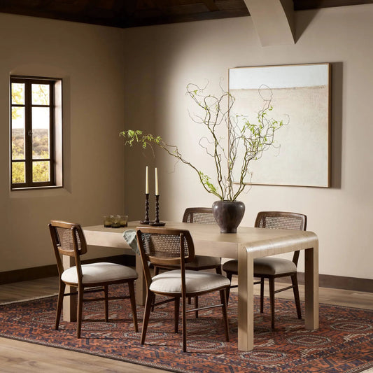 Everson Dining Table by Four Hands in scrubbed teak. Made from solid mixed reclaimed wood in a transitional style.