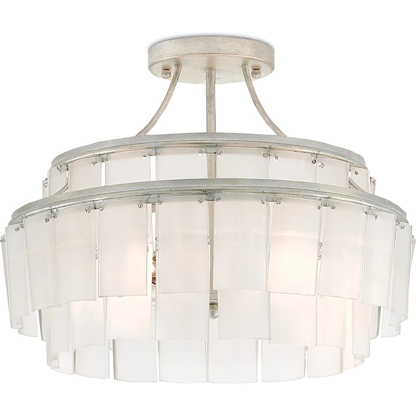 016 S-224023 | Primary Silo | Vintner Blanc Semi-Flush Mount by Currey and Company in contemporary silver leaf, opaque white. Made from wrought iron, recycled bottle glass in a traditional style.