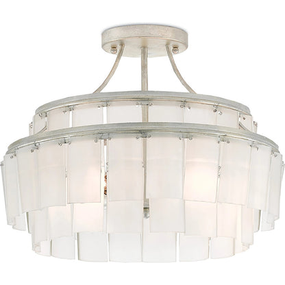 Vintner Blanc Semi-Flush Mount by Currey and Company in contemporary silver leaf, opaque white. Made from wrought iron, recycled bottle glass in a traditional style.