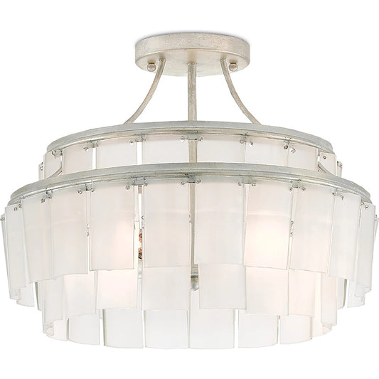 Vintner Blanc Semi-Flush Mount by Currey and Company in contemporary silver leaf, opaque white. Made from wrought iron, recycled bottle glass in a traditional style.