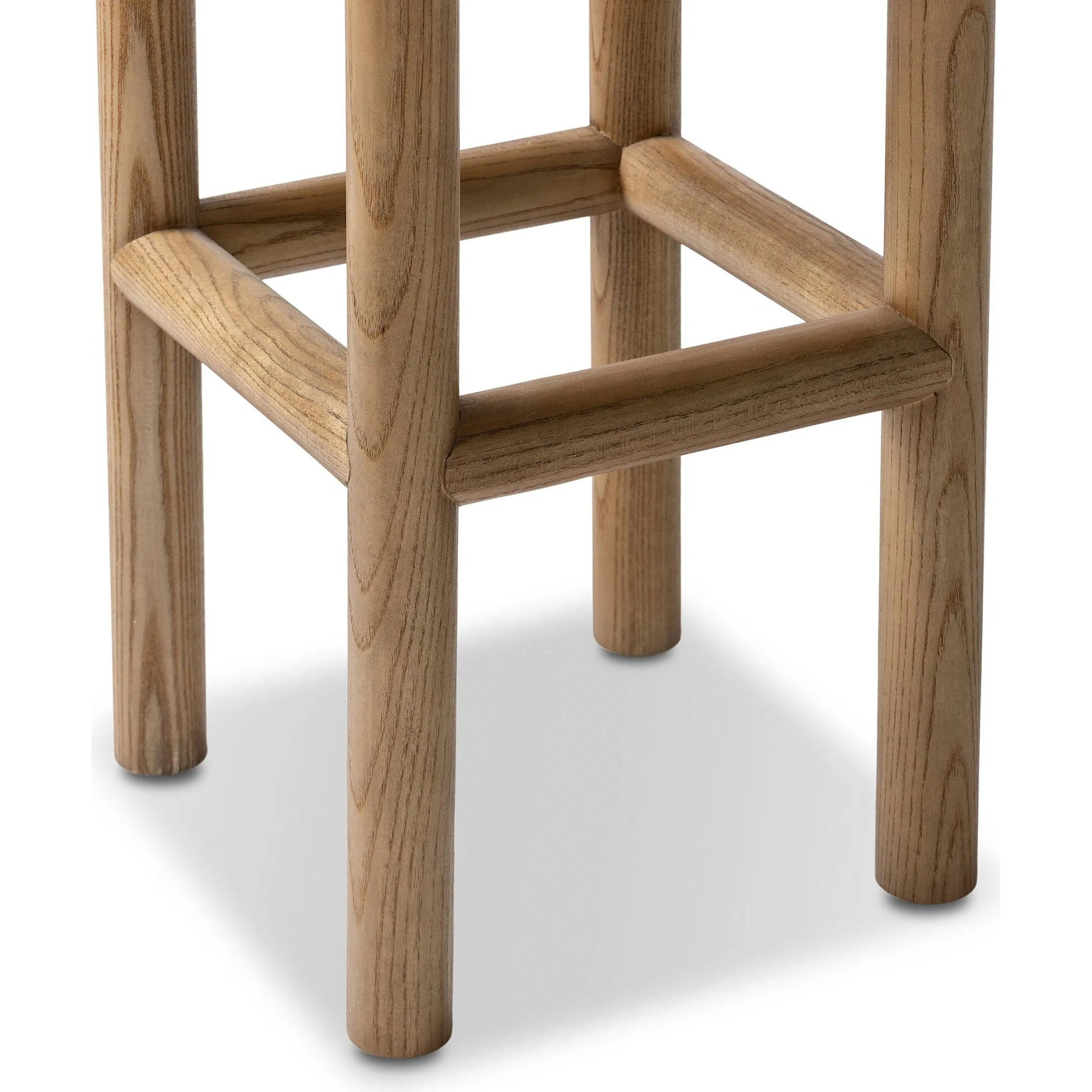 Saldino Bar Stool by Four Hands in taupe shearling, sandy nettlewood. Made from shearling, solid nettlewood in a unique style.