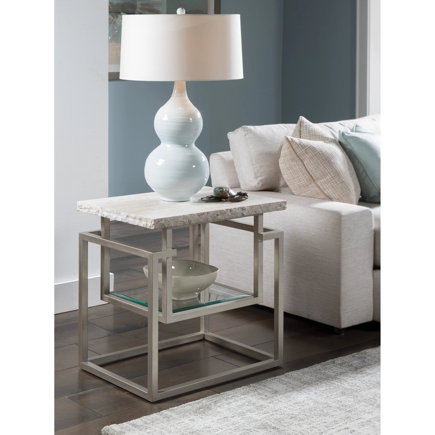 004 SI-1962873 | Lifestyle | Theo End Table by Artistica Home in champagne leaf. Made from unique in a modern style.