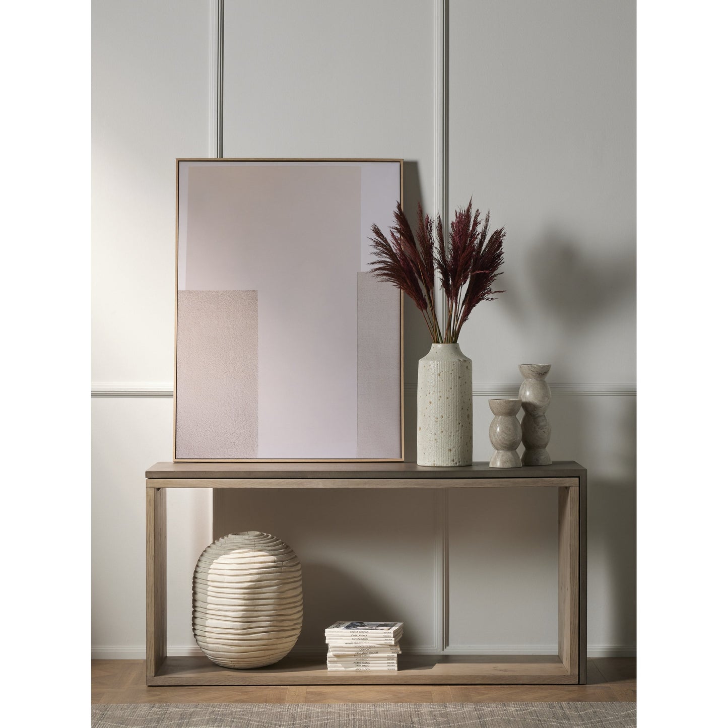 002 SI-1799402 | Lifestyle | Beto Banded Vase by Four Hands in ivory. Made from solid mixed reclaimed wood in a cottage & farmhouse style.