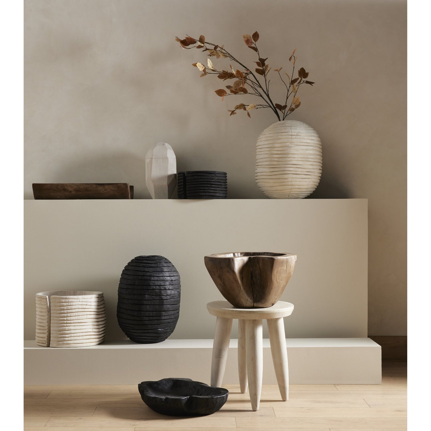 014 SI-1799402 | Lifestyle | Beto Banded Vase by Four Hands in ivory. Made from solid mixed reclaimed wood in a cottage & farmhouse style.