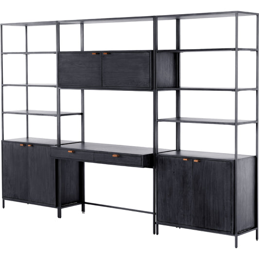 Trey Modular Wall Desk with 2 Bookcases by Four Hands. Made from solid poplar, top grain leather, iron in a modern style.