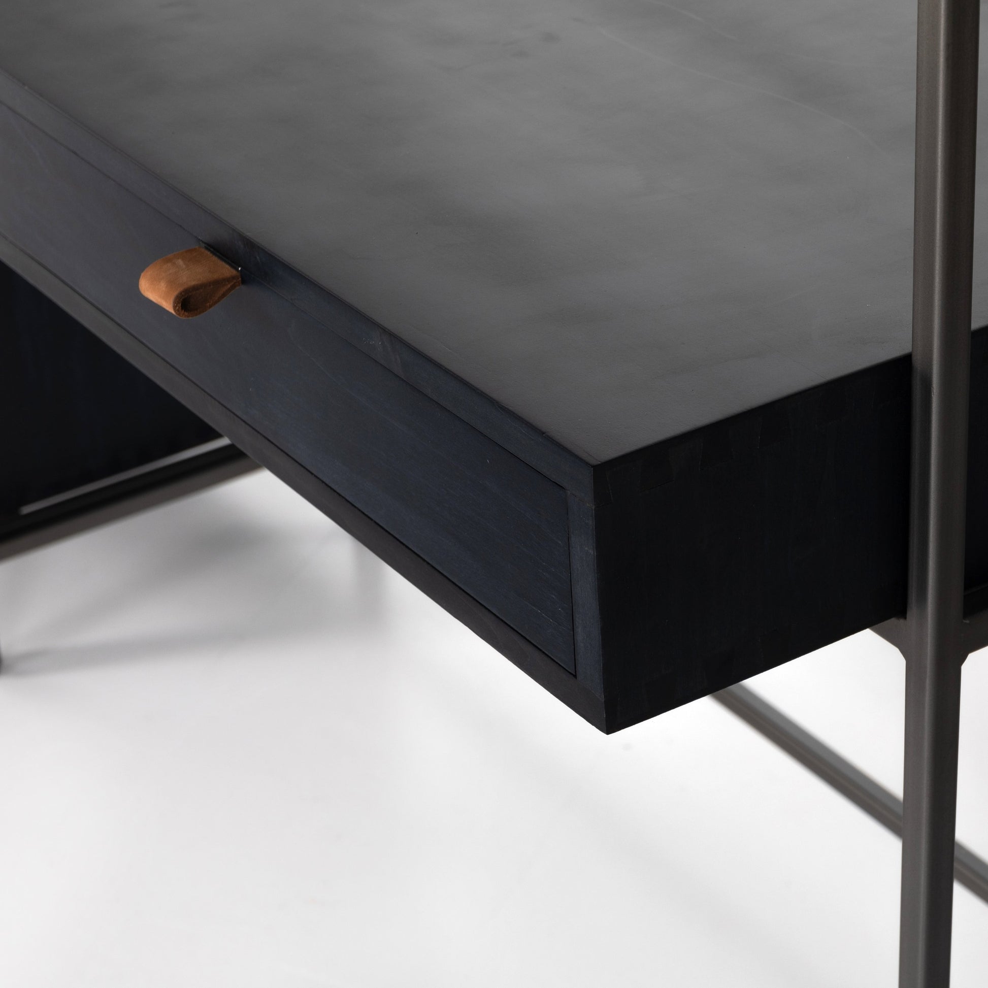 Trey Modular Wall Desk with 2 Bookcases by Four Hands. Made from solid poplar, top grain leather, iron in a modern style.
