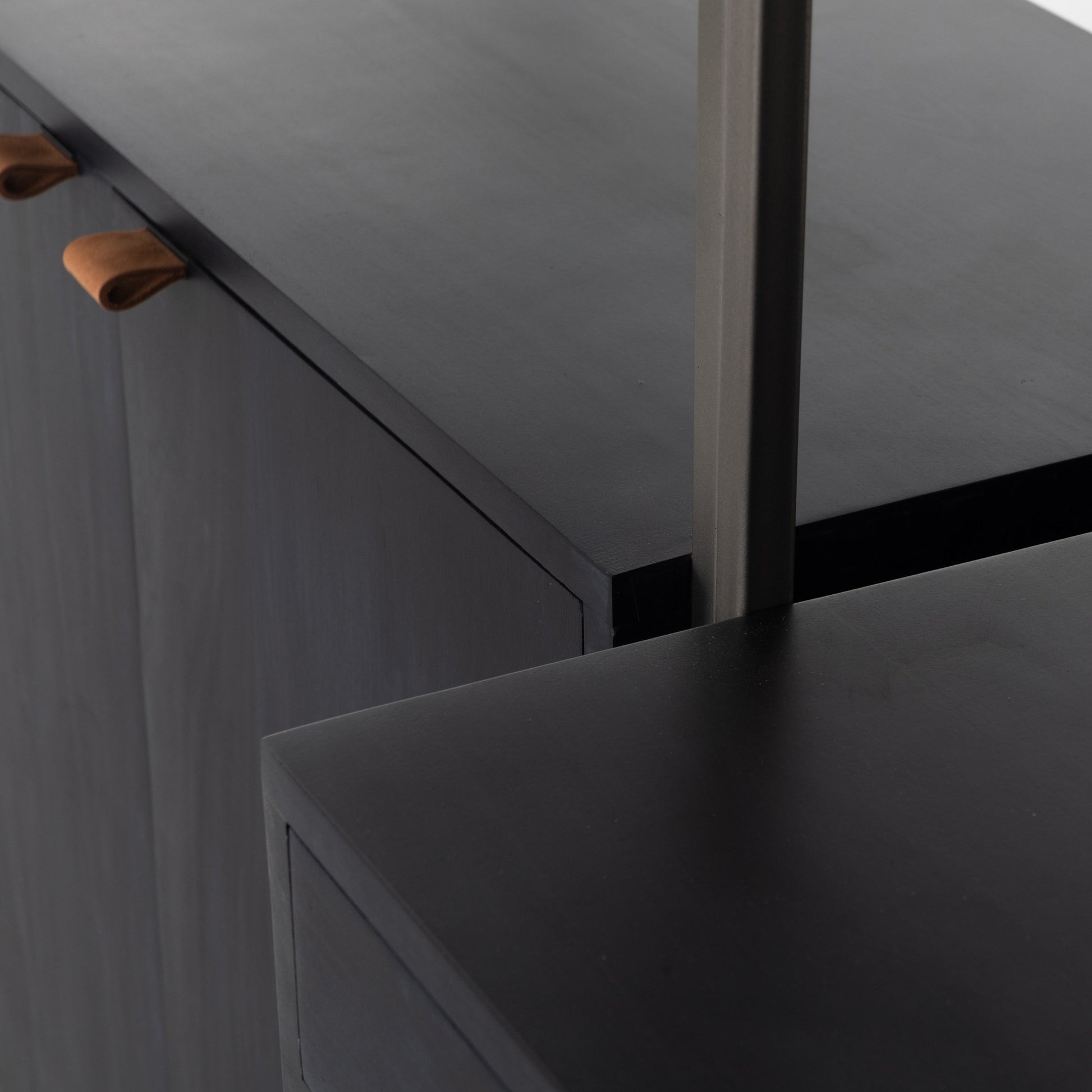 Trey Modular Wall Desk with 2 Bookcases by Four Hands. Made from solid poplar, top grain leather, iron in a modern style.