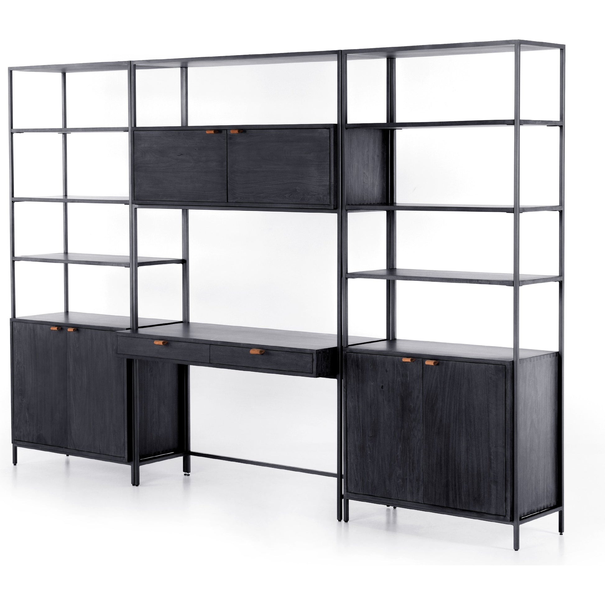 Trey Modular Wall Desk with 2 Bookcases by Four Hands. Made from solid poplar, top grain leather, iron in a modern style.
