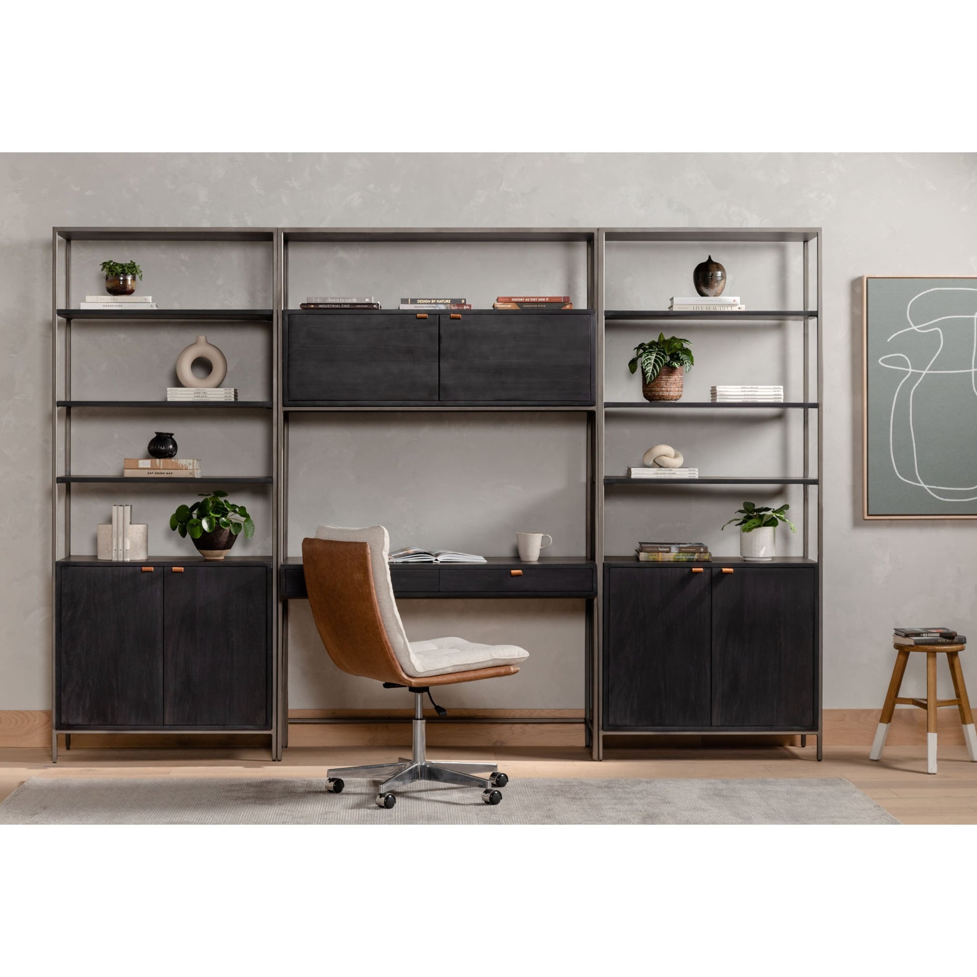 Trey Modular Wall Desk with 2 Bookcases by Four Hands. Made from solid poplar, top grain leather, iron in a modern style.