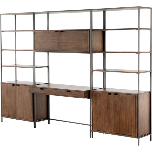 Trey Modular Wall Desk with 2 Bookcases by Four Hands. Made from solid poplar, top grain leather, iron in a modern style.