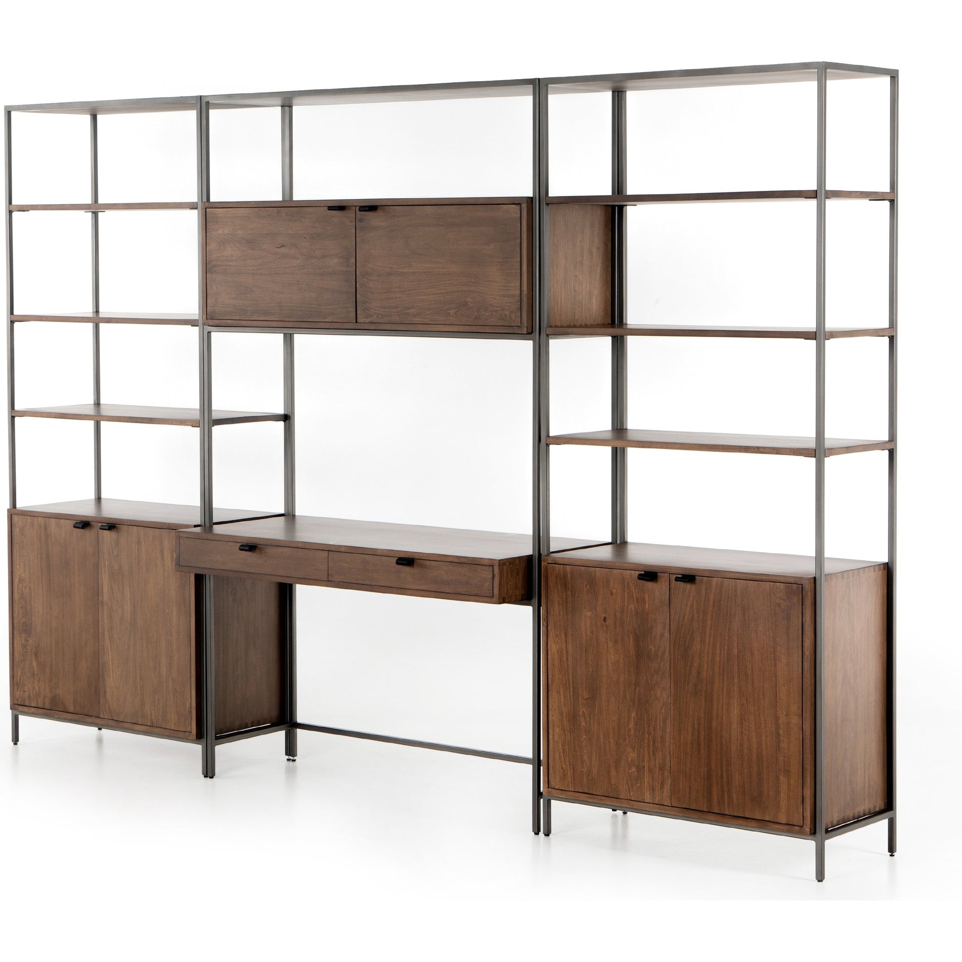 Trey Modular Wall Desk with 2 Bookcases by Four Hands. Made from solid poplar, top grain leather, iron in a modern style.