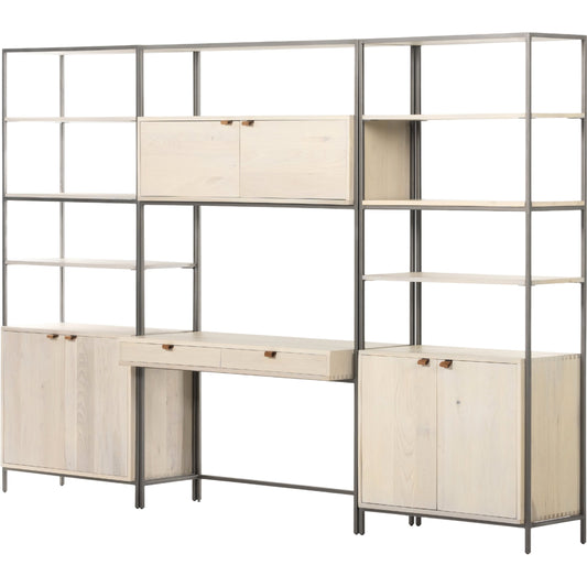 Trey Modular Wall Desk with 2 Bookcases by Four Hands. Made from solid poplar, top grain leather, iron in a modern style.