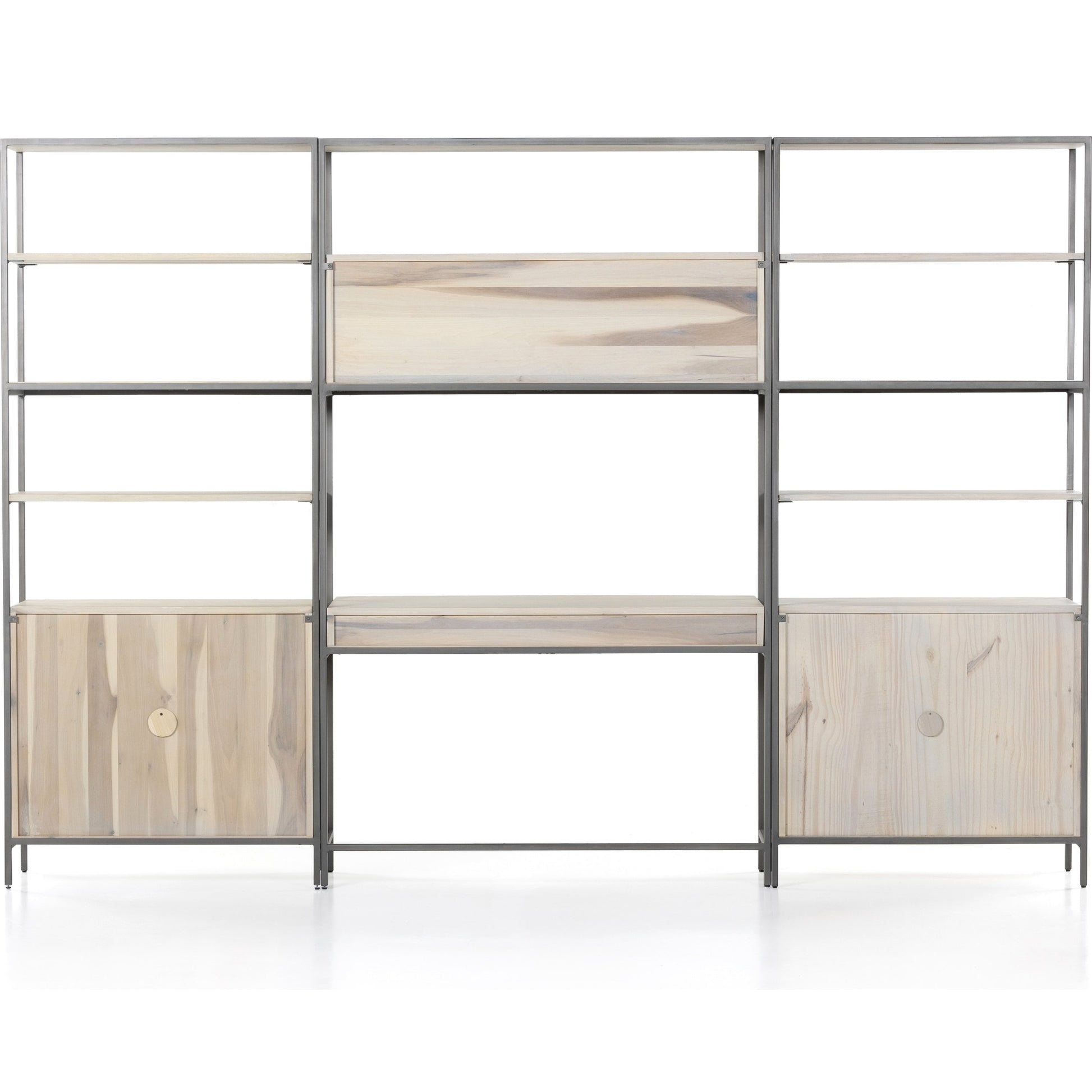 Trey Modular Wall Desk with 2 Bookcases by Four Hands. Made from solid poplar, top grain leather, iron in a modern style.