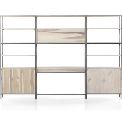 Trey Modular Wall Desk with 2 Bookcases by Four Hands. Made from solid poplar, top grain leather, iron in a modern style.
