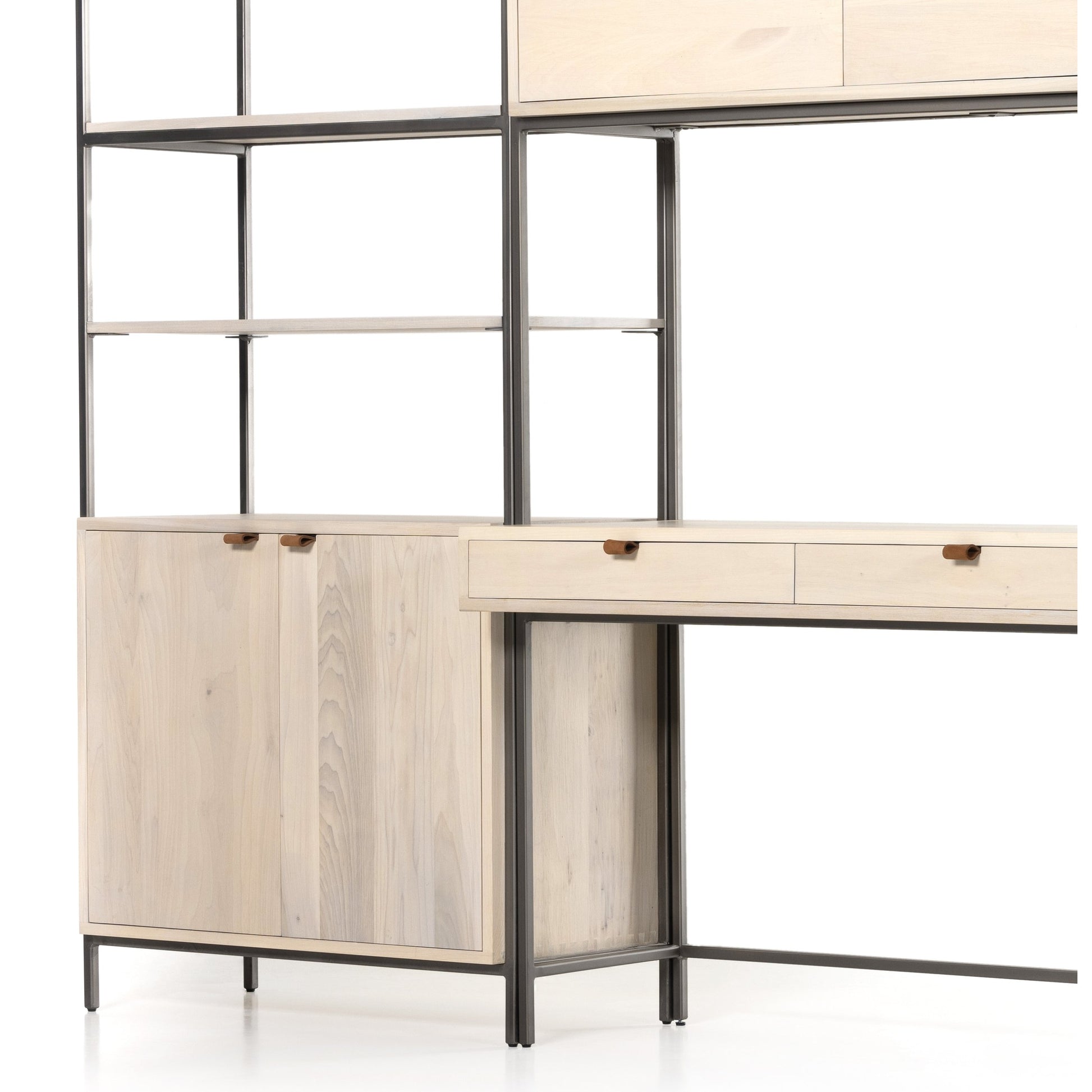 Trey Modular Wall Desk with 2 Bookcases by Four Hands. Made from solid poplar, top grain leather, iron in a modern style.