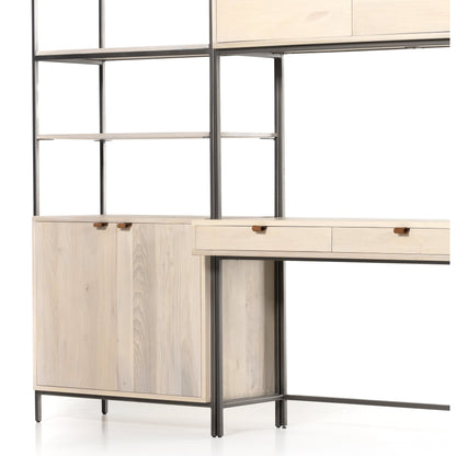 Trey Modular Wall Desk with 2 Bookcases by Four Hands. Made from solid poplar, top grain leather, iron in a modern style.