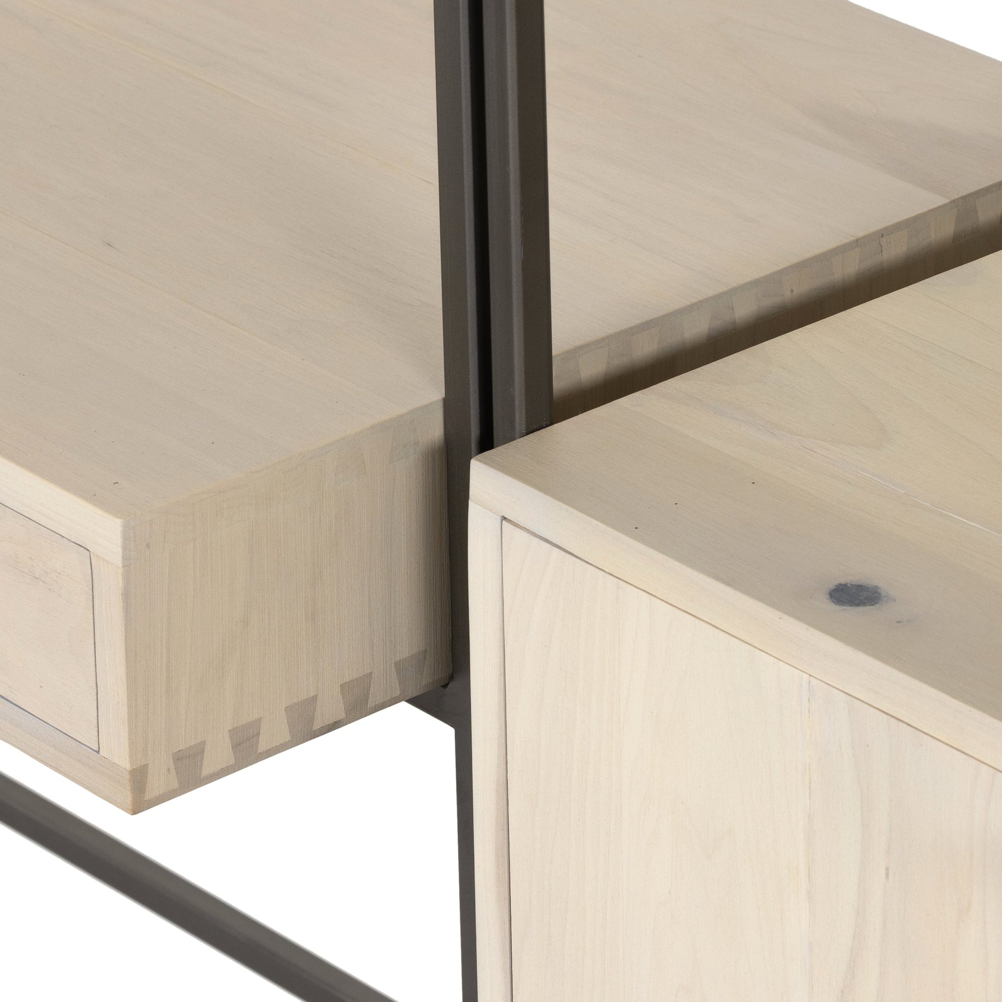Trey Modular Wall Desk with 2 Bookcases by Four Hands. Made from solid poplar, top grain leather, iron in a modern style.