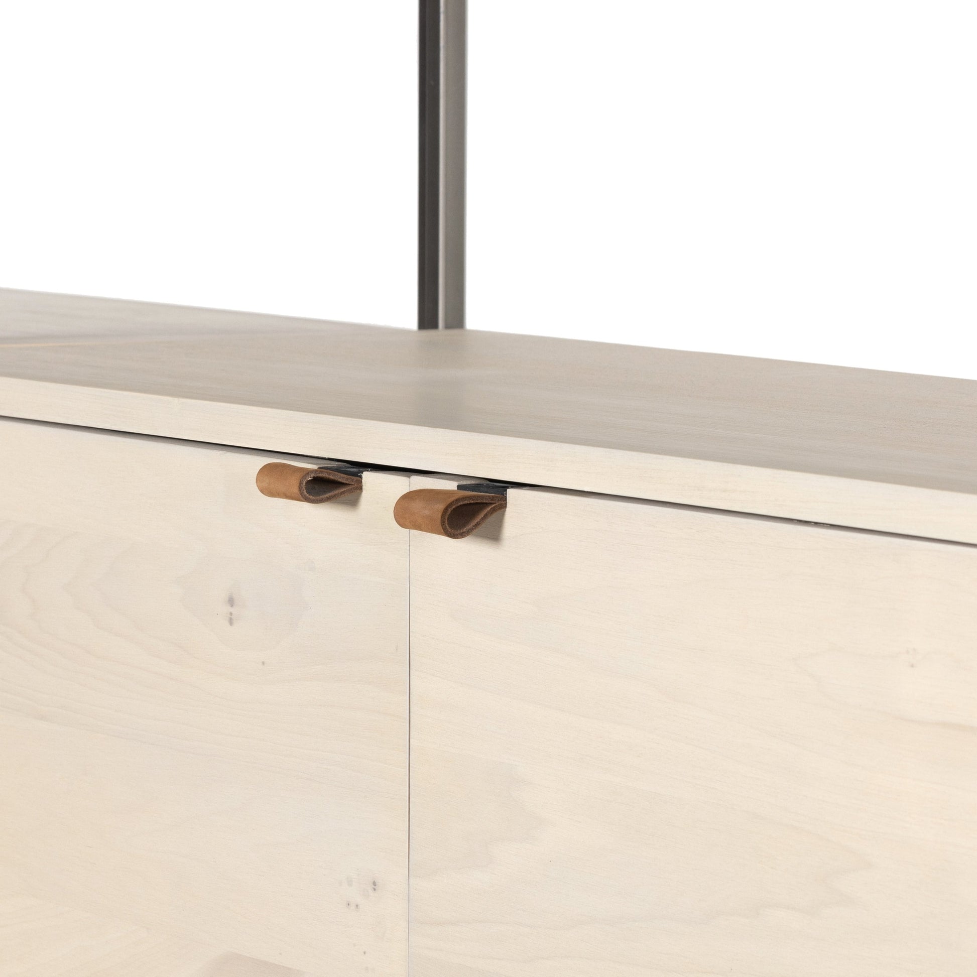 Trey Modular Wall Desk with 2 Bookcases by Four Hands. Made from solid poplar, top grain leather, iron in a modern style.