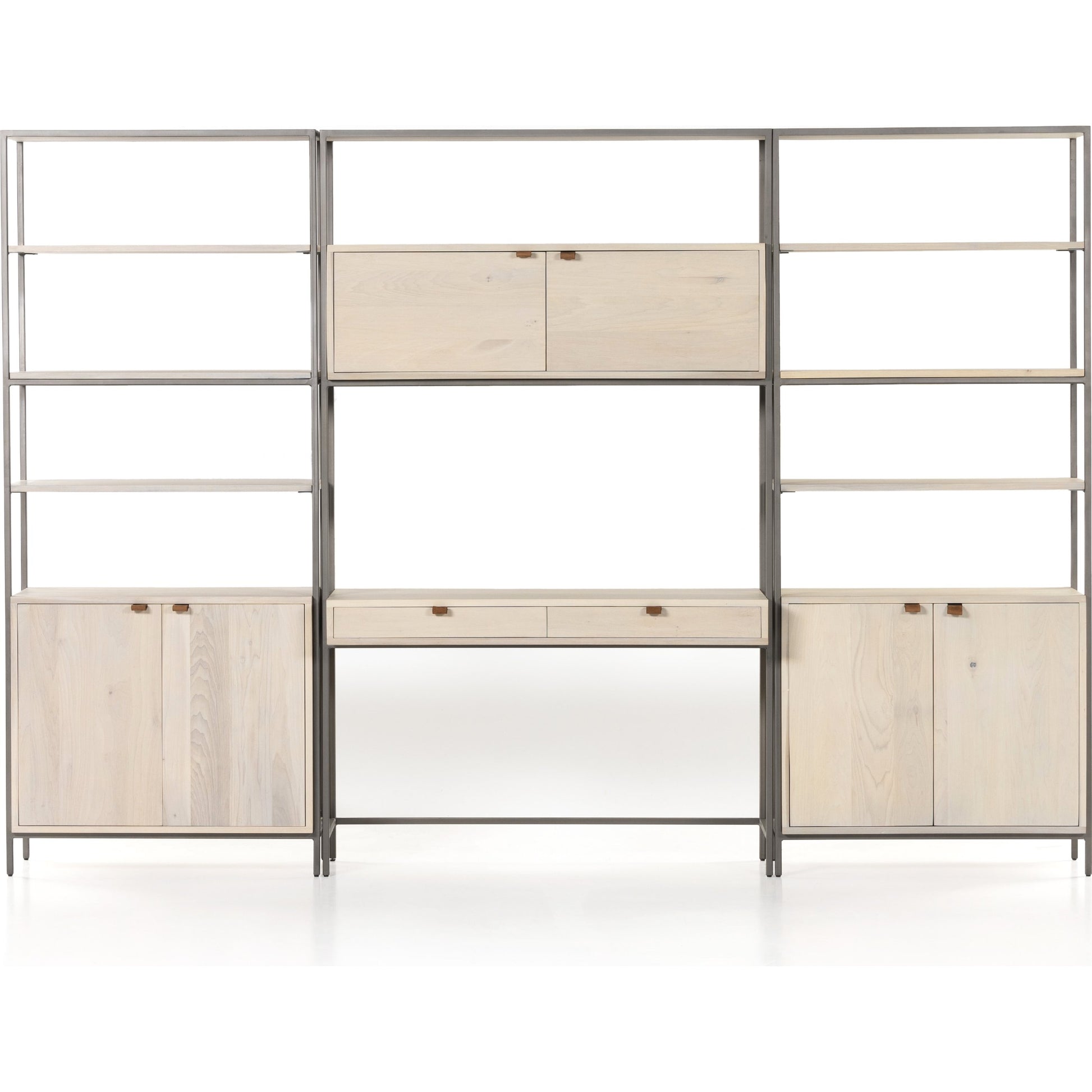 Trey Modular Wall Desk with 2 Bookcases by Four Hands. Made from solid poplar, top grain leather, iron in a modern style.