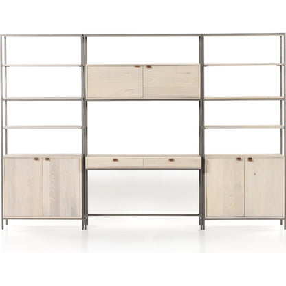 Trey Modular Wall Desk with 2 Bookcases by Four Hands. Made from solid poplar, top grain leather, iron in a modern style.