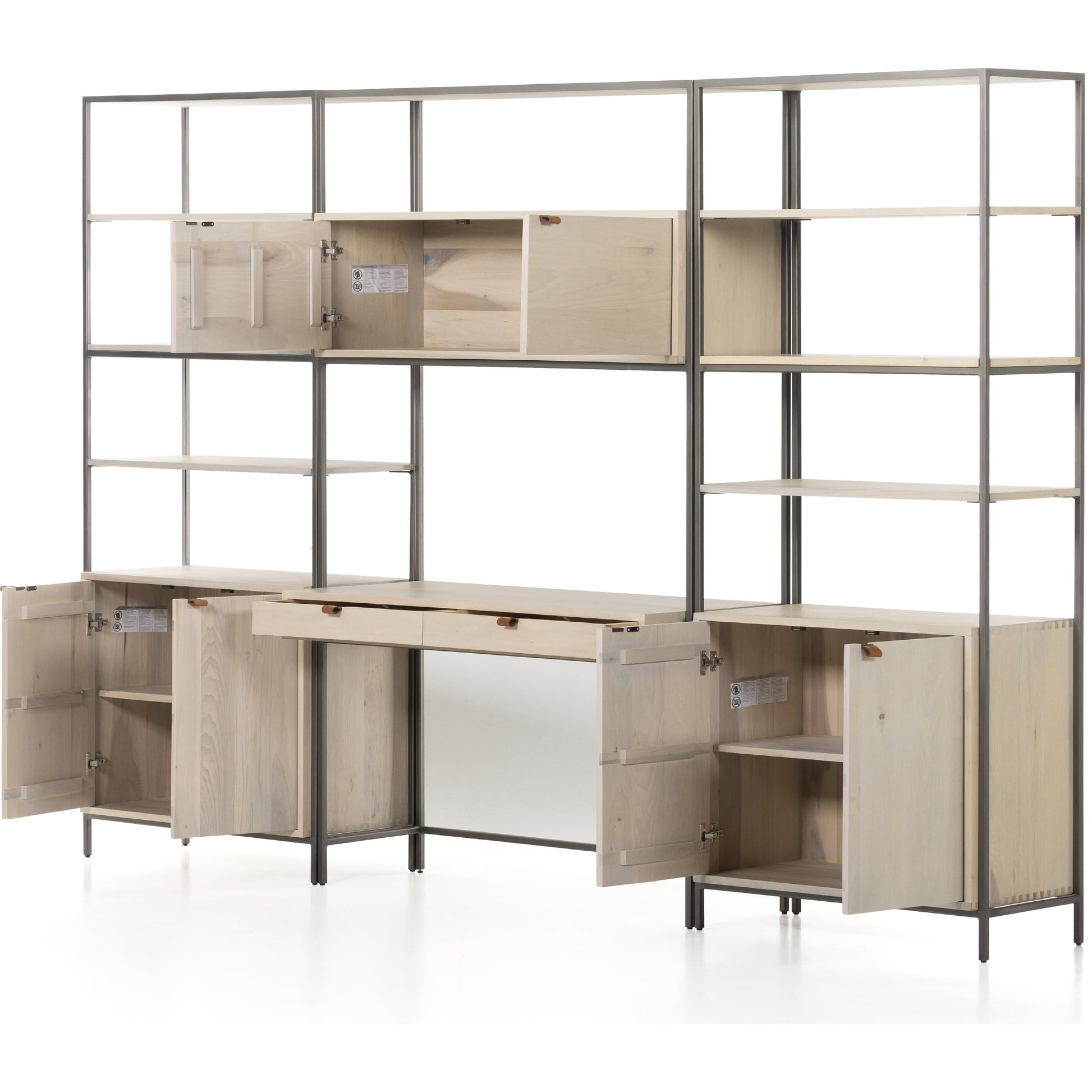 Trey Modular Wall Desk with 2 Bookcases by Four Hands. Made from solid poplar, top grain leather, iron in a modern style.