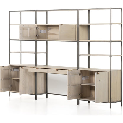 Trey Modular Wall Desk with 2 Bookcases by Four Hands. Made from solid poplar, top grain leather, iron in a modern style.