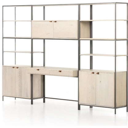 Trey Modular Wall Desk with 2 Bookcases by Four Hands. Made from solid poplar, top grain leather, iron in a modern style.