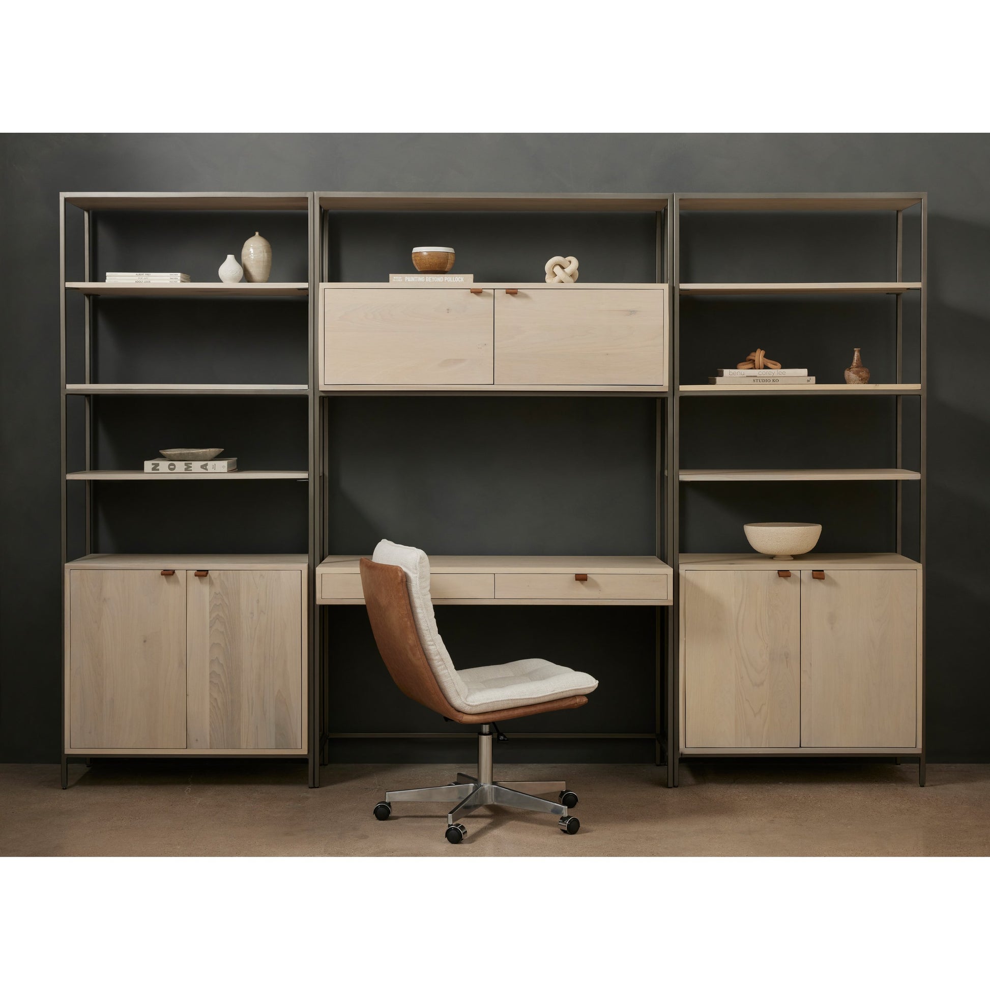 Trey Modular Wall Desk with 2 Bookcases by Four Hands. Made from solid poplar, top grain leather, iron in a modern style.