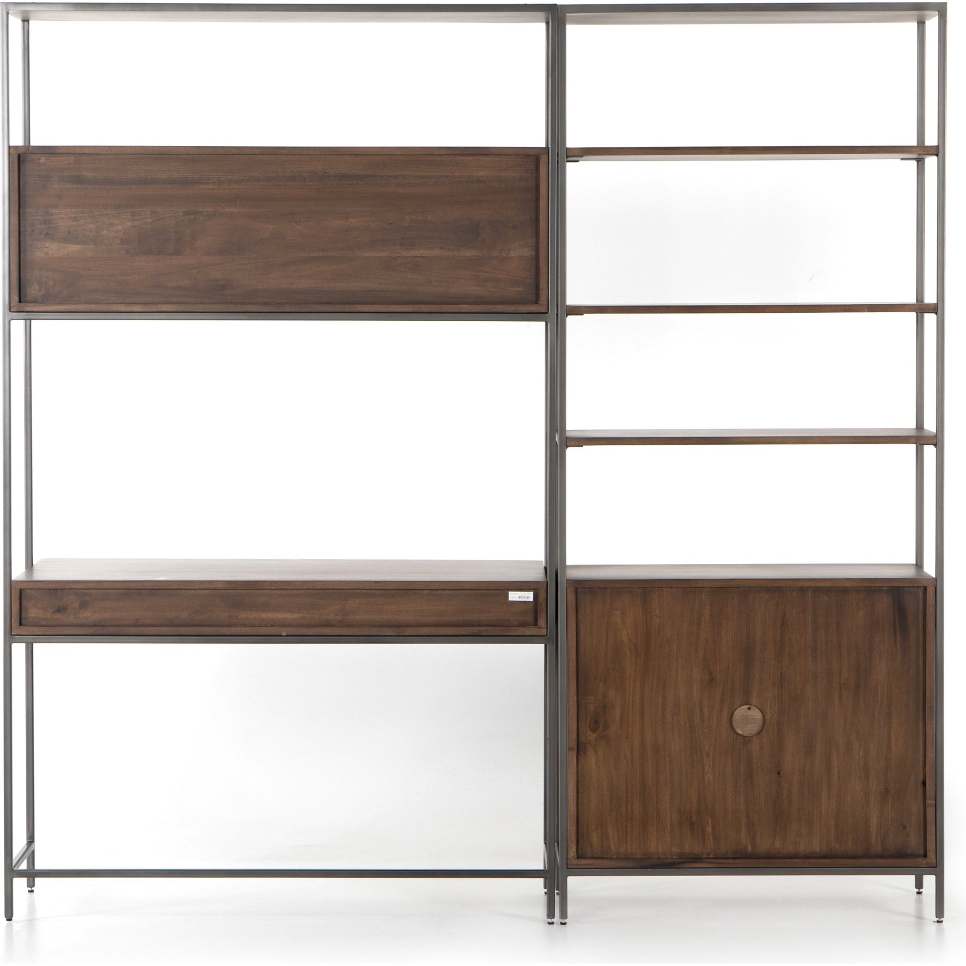 Trey Modular Wall Desk with Bookcase by Four Hands. Made from solid poplar, top grain leather, iron in a modern style.