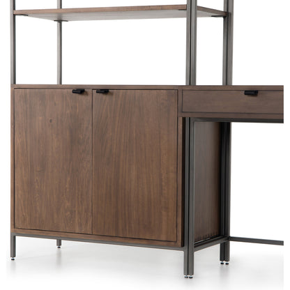 Trey Modular Wall Desk with Bookcase by Four Hands. Made from solid poplar, top grain leather, iron in a modern style.