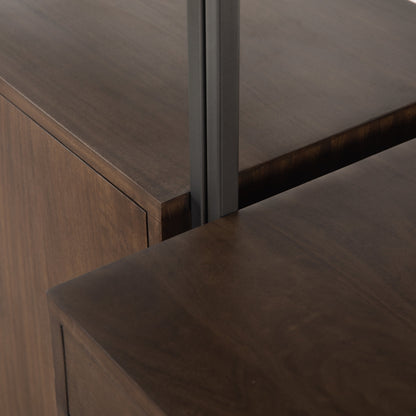 Trey Modular Wall Desk with Bookcase by Four Hands. Made from solid poplar, top grain leather, iron in a modern style.