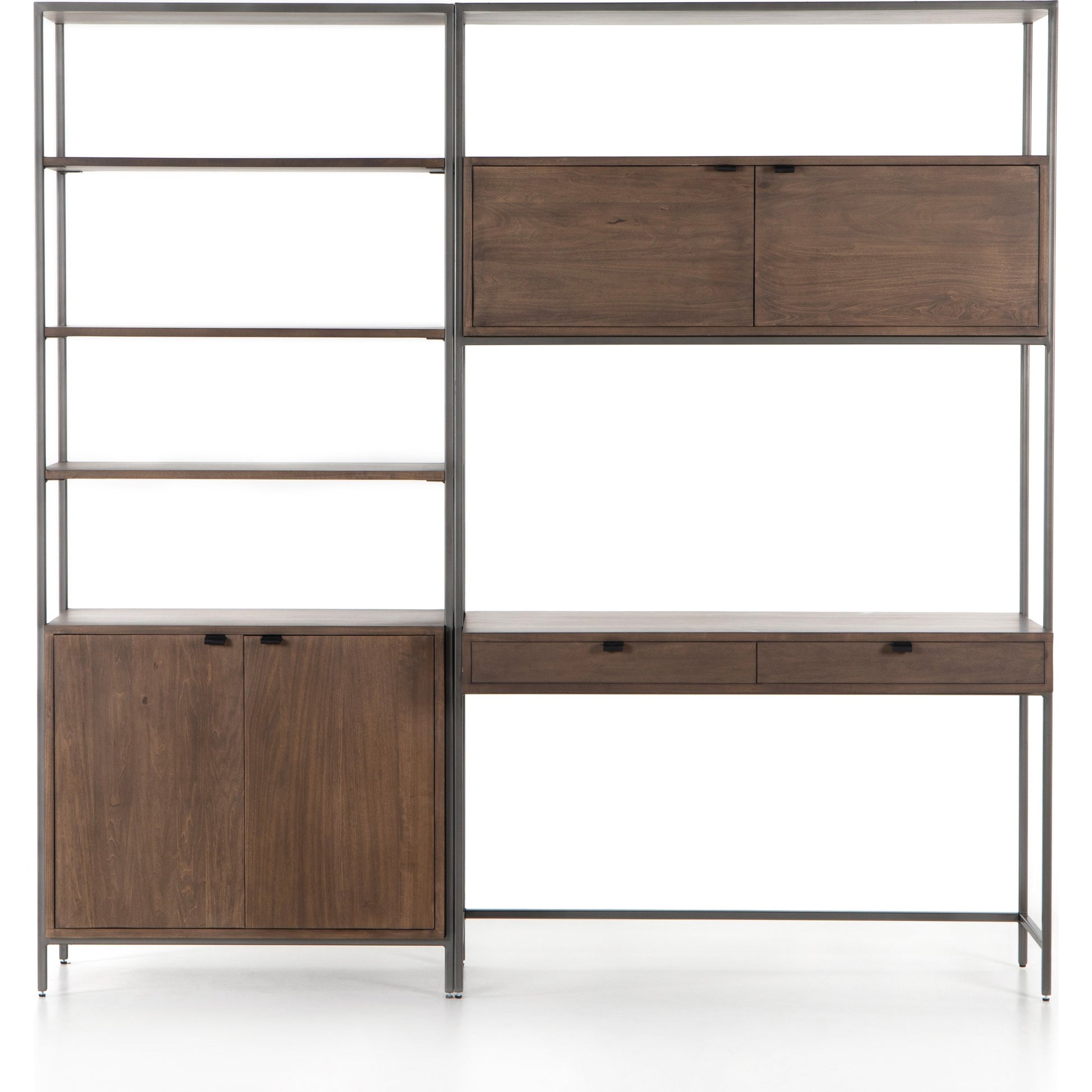 Trey Modular Wall Desk with Bookcase by Four Hands. Made from solid poplar, top grain leather, iron in a modern style.