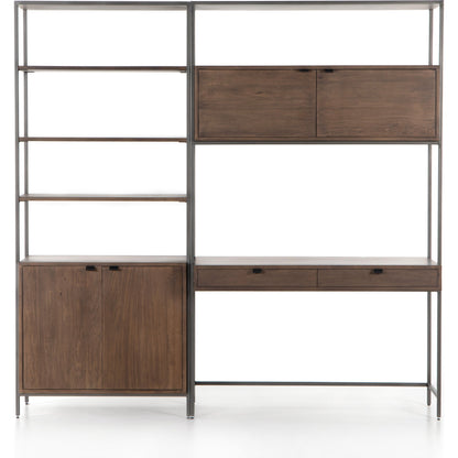 Trey Modular Wall Desk with Bookcase by Four Hands. Made from solid poplar, top grain leather, iron in a modern style.
