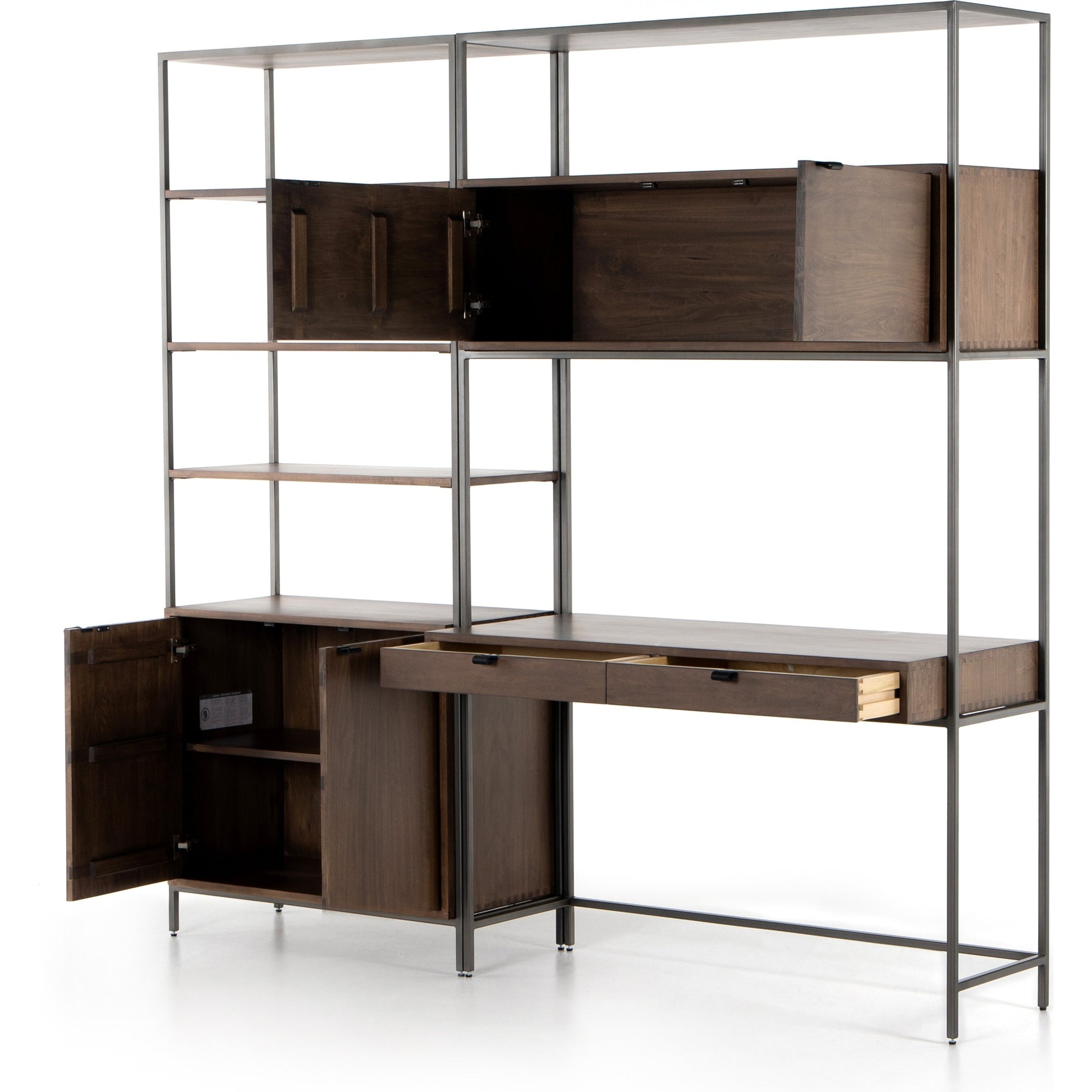 Trey Modular Wall Desk with Bookcase by Four Hands. Made from solid poplar, top grain leather, iron in a modern style.