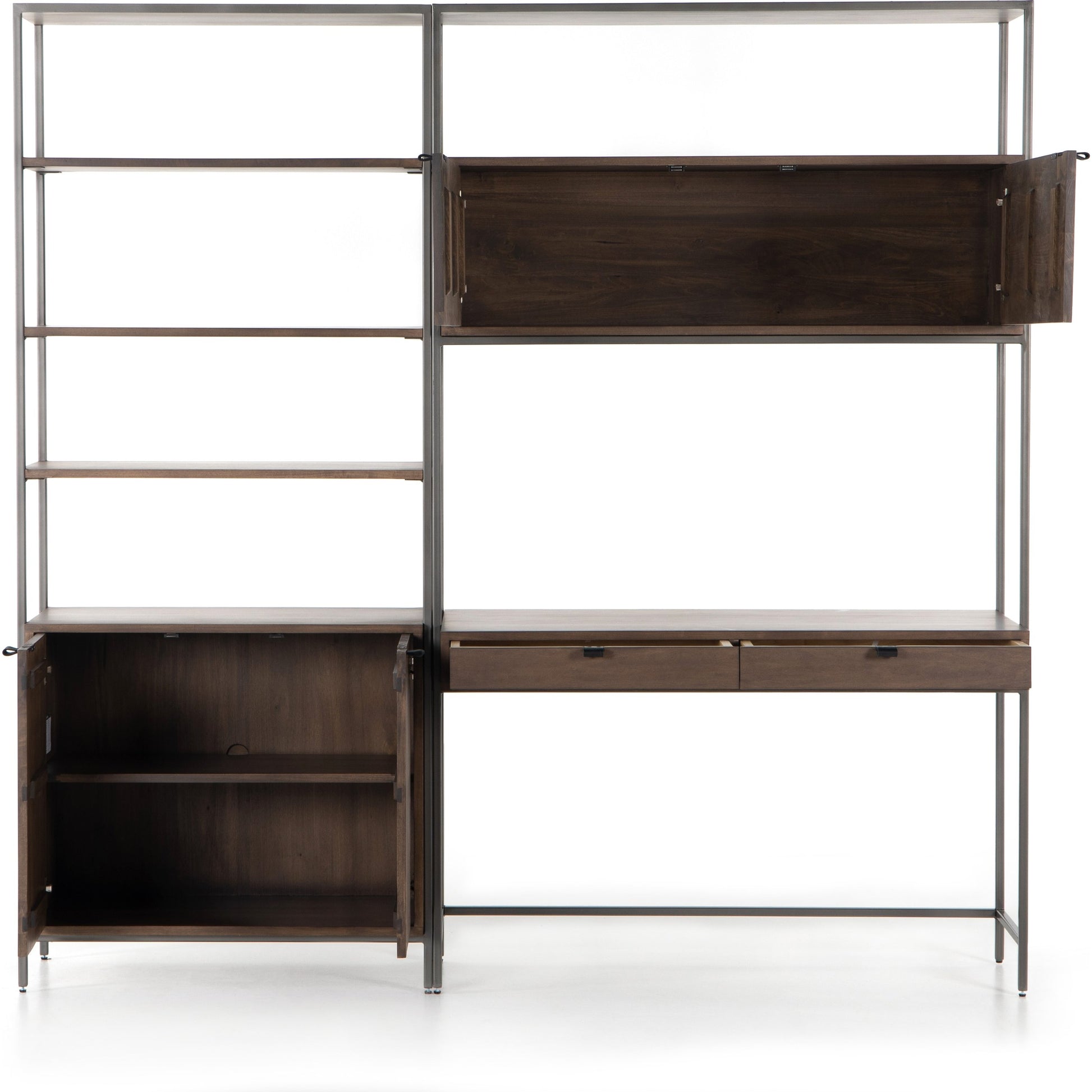 Trey Modular Wall Desk with Bookcase by Four Hands. Made from solid poplar, top grain leather, iron in a modern style.