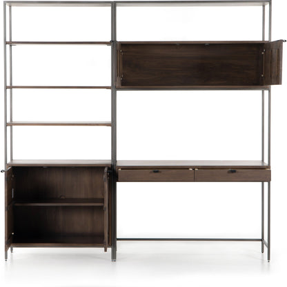 Trey Modular Wall Desk with Bookcase by Four Hands. Made from solid poplar, top grain leather, iron in a modern style.