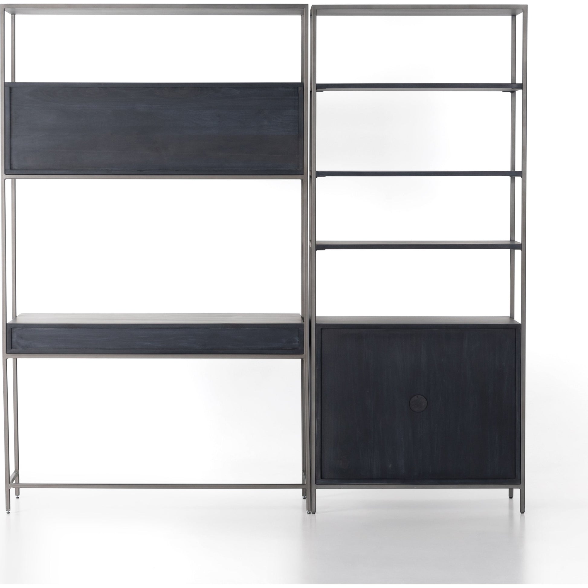 Trey Modular Wall Desk with Bookcase by Four Hands. Made from solid poplar, top grain leather, iron in a modern style.