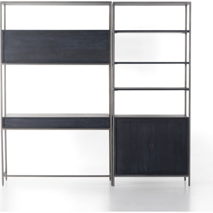 Trey Modular Wall Desk with Bookcase by Four Hands. Made from solid poplar, top grain leather, iron in a modern style.