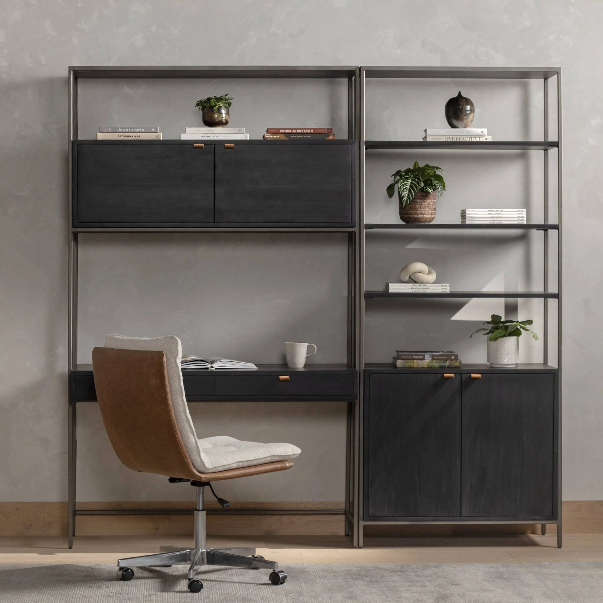 Trey Modular Wall Desk with Bookcase by Four Hands. Made from solid poplar, top grain leather, iron in a modern style.
