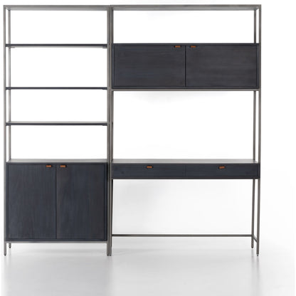 Trey Modular Wall Desk with Bookcase by Four Hands. Made from solid poplar, top grain leather, iron in a modern style.