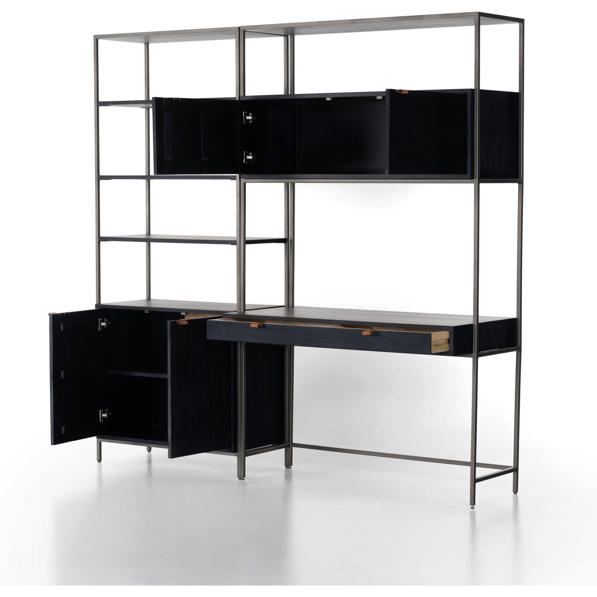 Trey Modular Wall Desk with Bookcase by Four Hands. Made from solid poplar, top grain leather, iron in a modern style.