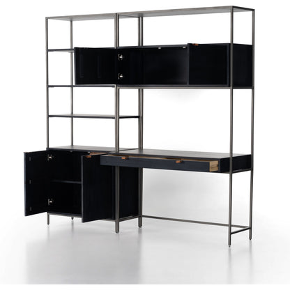 Trey Modular Wall Desk with Bookcase by Four Hands. Made from solid poplar, top grain leather, iron in a modern style.